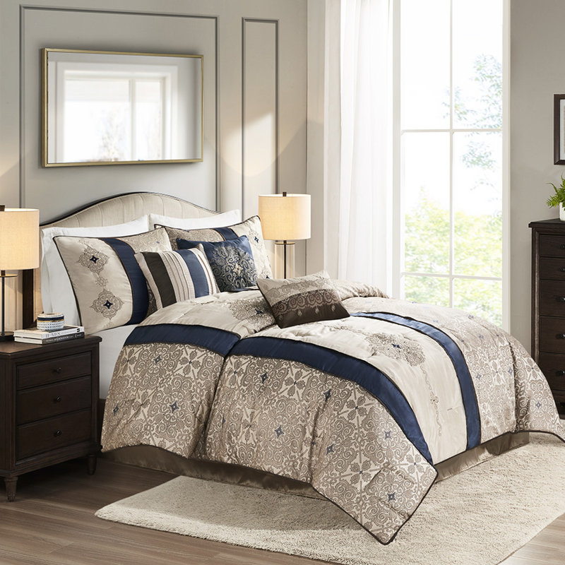 Édredon pour très grand lit - Bleu marine avec coussins décoratifs 7 pièces de style romantique