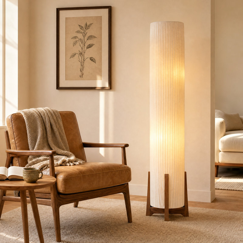 Lampadaire plissé organique moderne de 137 cm avec base en bois massif couleur noyer, 2 ampoules DEL et interrupteur au pied