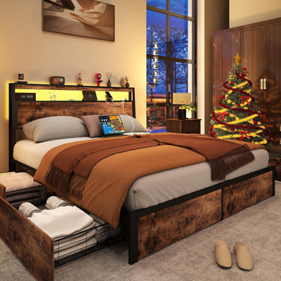 Bed Frame with 4 Underbed Drawers, Modern Bed with Storage Headboard, LED Lights and Charging Station