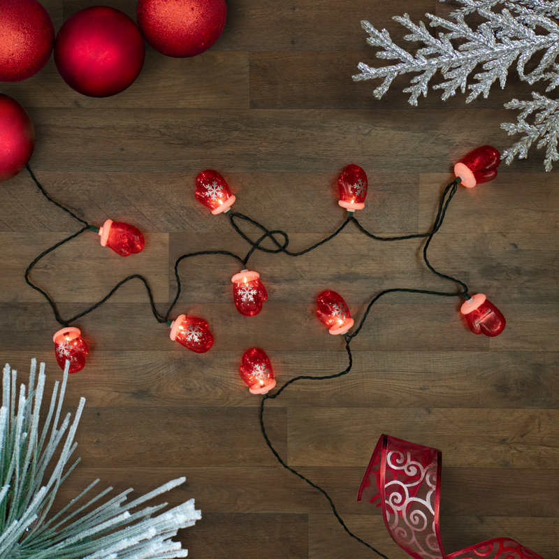 10 Count Red Snowflake Mitten Christmas Light Set 7.5ft Green Wire