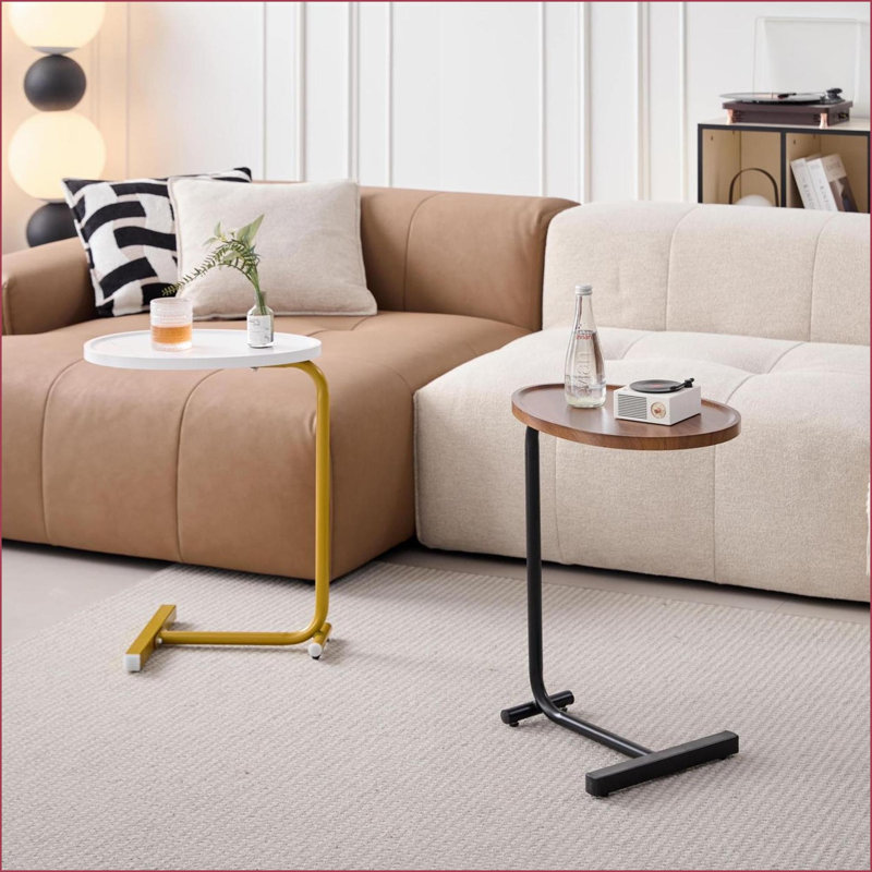 Table basse brune en forme de C pour les petits espaces, peu encombrante Assemblage en 15 minutes