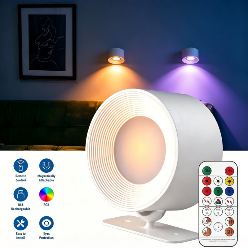 Battery Operated Wall Sconce, RGB colorful  3 Brightness Levels 360°Rotation Lighting Timer Touch & Remote Control, Wall Mounted Lamp LED Wall Lights for Bedroom Reading Bedside (White)