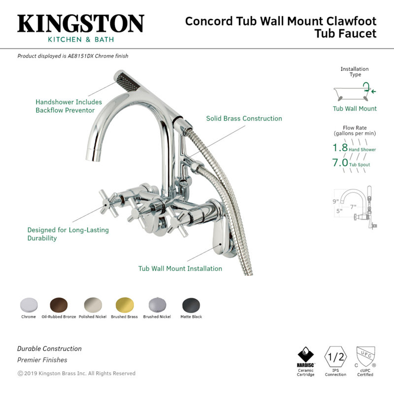 Kingston Brass Concord Three-Handle 2-Hole Tub Wall Mount Clawfoot Tub Faucet with Hand Shower, Polished Chrome