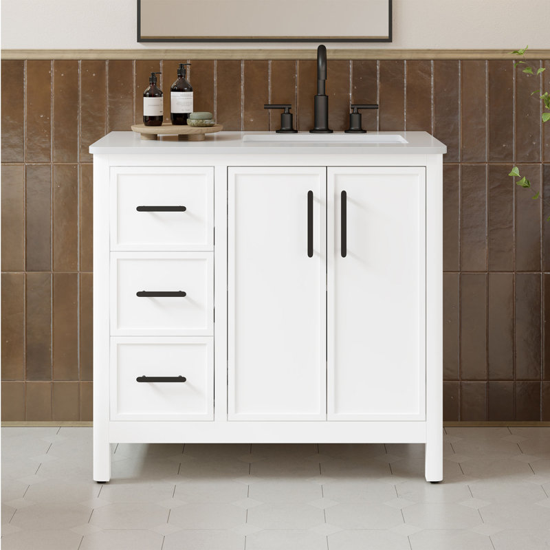 Solas 36 in. Single Sink Freestanding Pure White Bathroom Vanity with White Engineered Stone Top, Matte Black Hardware
