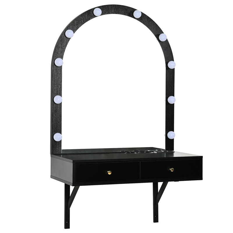 Coiffeuse avec prise de courant et grand rangement - Miroir noir 3 lumières polyvalent et compact, Black