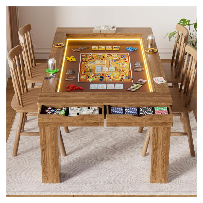 Table de salle à manger et de jeu en bois aggloméré brun avec plateau amovible, aire de jeu à DEL et rangement pour 4 à 6 joueurs