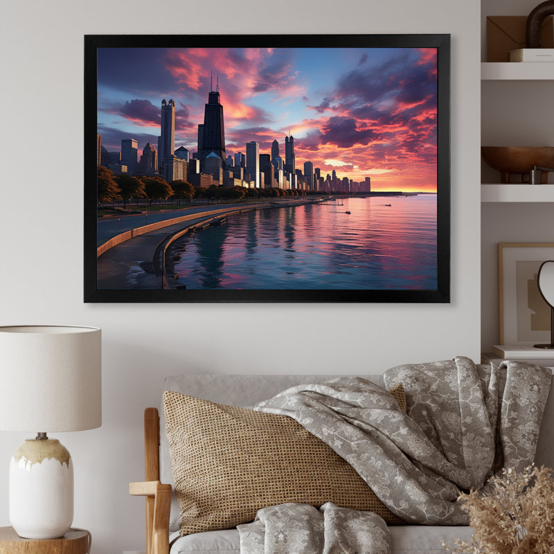 Chicago Cityscape by Night III - reproduction, H 16 po x l 32 po, Black Picture Framed