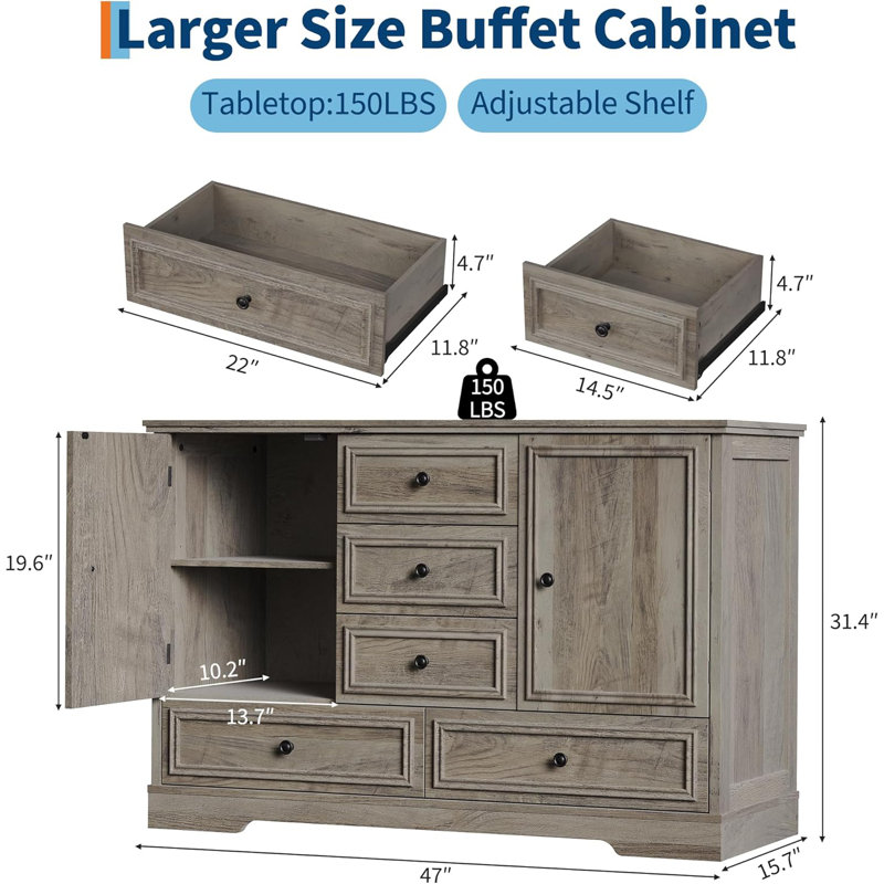 47" Farmhouse Sideboard Buffet Cabinet, Gray