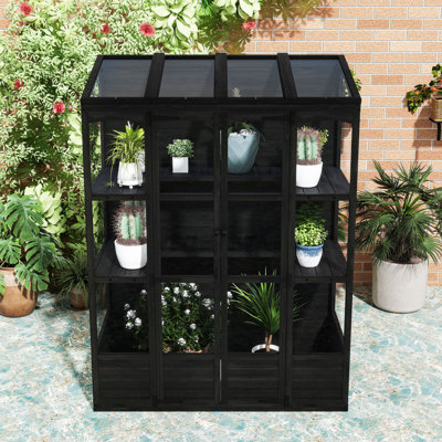 78-inch Walk-in Wood Greenhouse with 4 Skylights, 2 Folding Shelves, Anti-Fall Protection