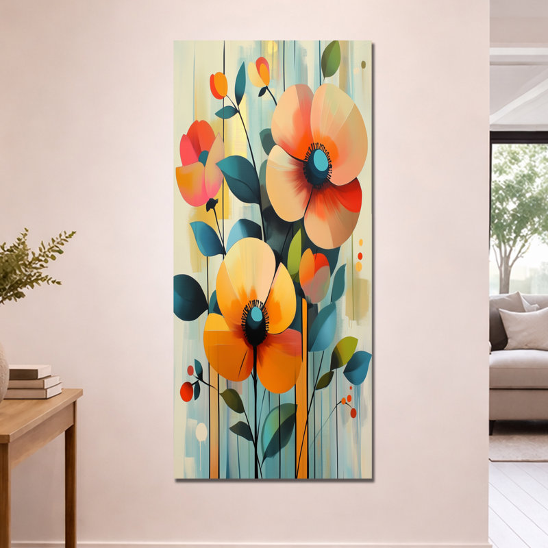 Panneau de papier peint orange et bleu rétro - coquelicots, art mural encadré floral, H 60 po x l 28 po, Toile tendue