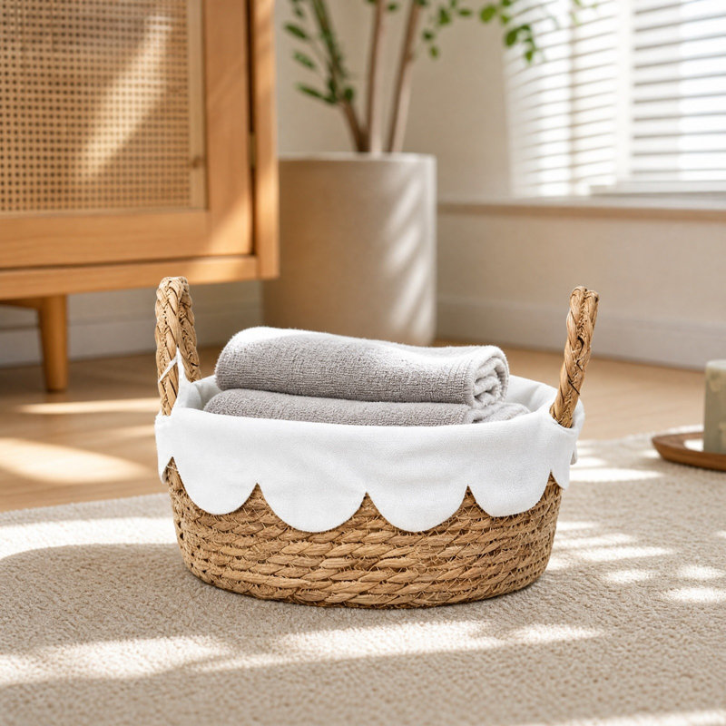 Hand Woven Storage Basket with Scalloped Liner Double Handles Rectangular Straw Organizer Bin for Home Decor