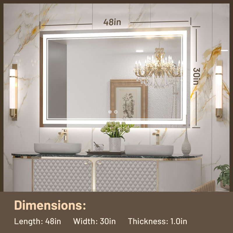 Miroir de salle de bain avec éclairage à DEL à intensité variable et miroir antibuée 3 couleurs Johnn, 48 po x 30 po