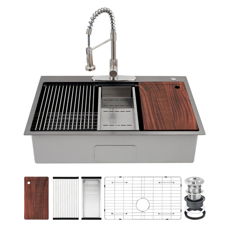 Drop-In Workstation Kitchen basin Kit, Single Bowl ultrafine Black 304 Stainless Steel 33x22x9 in, Bottom Grid + Pull-Out Spring Faucet, Single Hole - UK Standard - UK 1/2 Inlet Hose