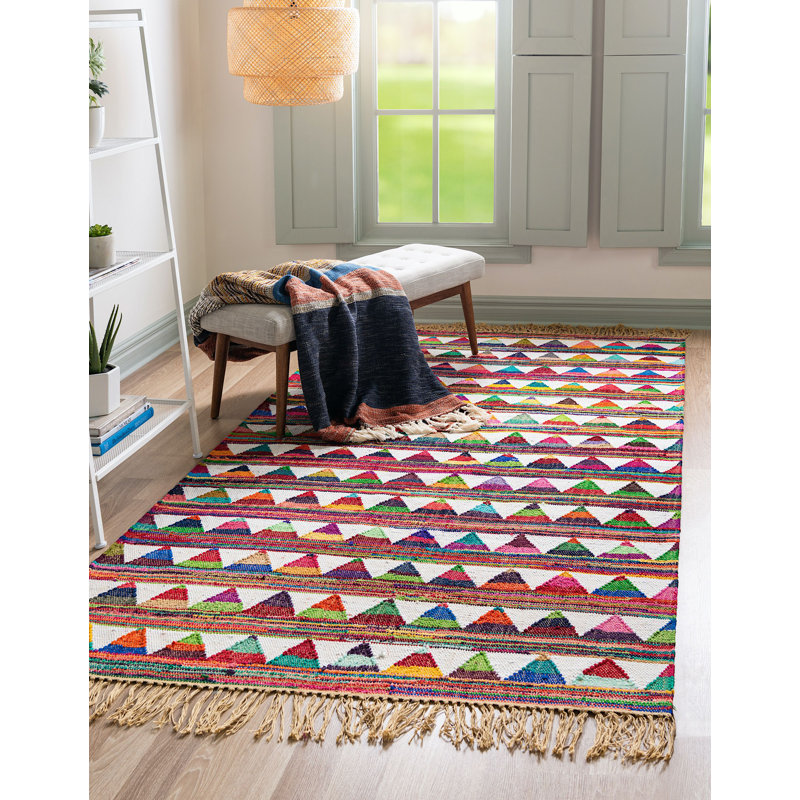 Tapis abstrait fait à la main en coton multicolore, Rectangle 7 pi x 10 pi