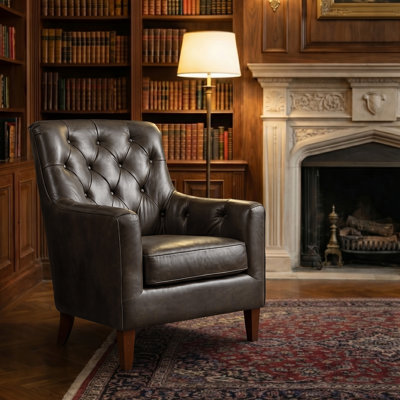 Fauteuil en cuir véritable avec dossier capitonné l 33,25 po Olga