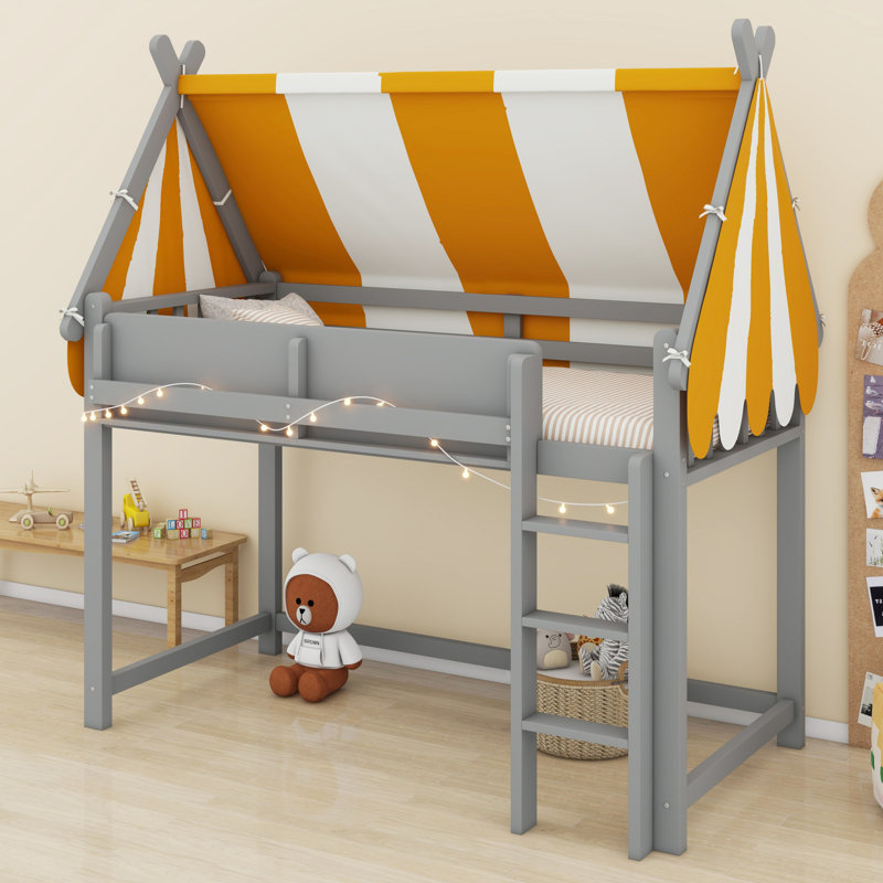 Cozy Canopy Loft Bed Featuring Built-In LED & Storage Shelves, Gray