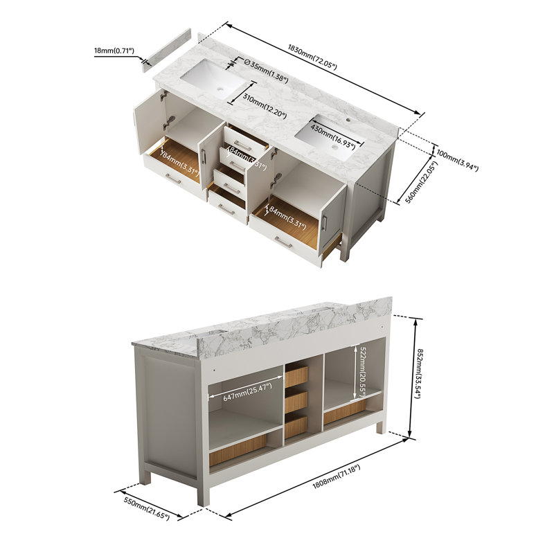 Meuble-lavabo moderne 71 "avec lavabo double, Blanc, 71"