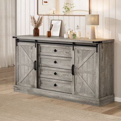Karriann Farmhouse 4 Drawer Dresser for Bedroom, 59" Wood Dressers with Sliding Barn Doors, TV Stand with Large Drawers & Bar Handles by Gracie Oaks