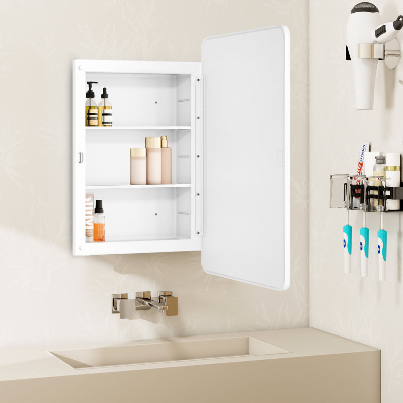 16X24 Inch White Surface Mount Or Recessed Medicine Cabinet With Round Corner Mirror And Adjustable Shelves, White