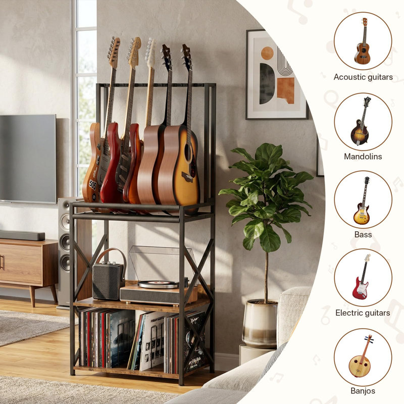 3-Tier Multi Guitar Stand with Vinyl Record Player Storage Rack