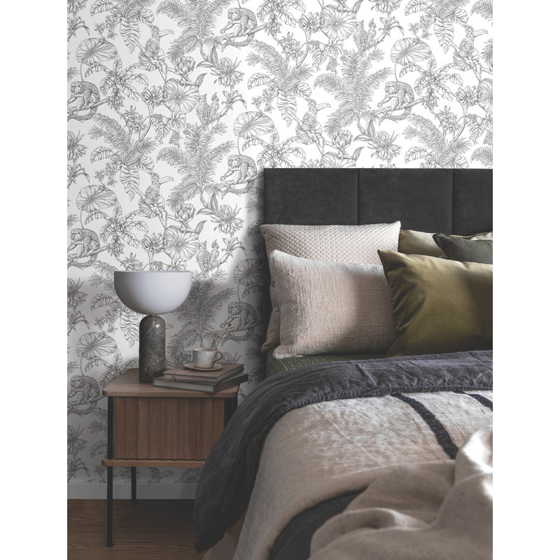 Tropical Sketch Toile Vinyl Wallpaper Roll, Black