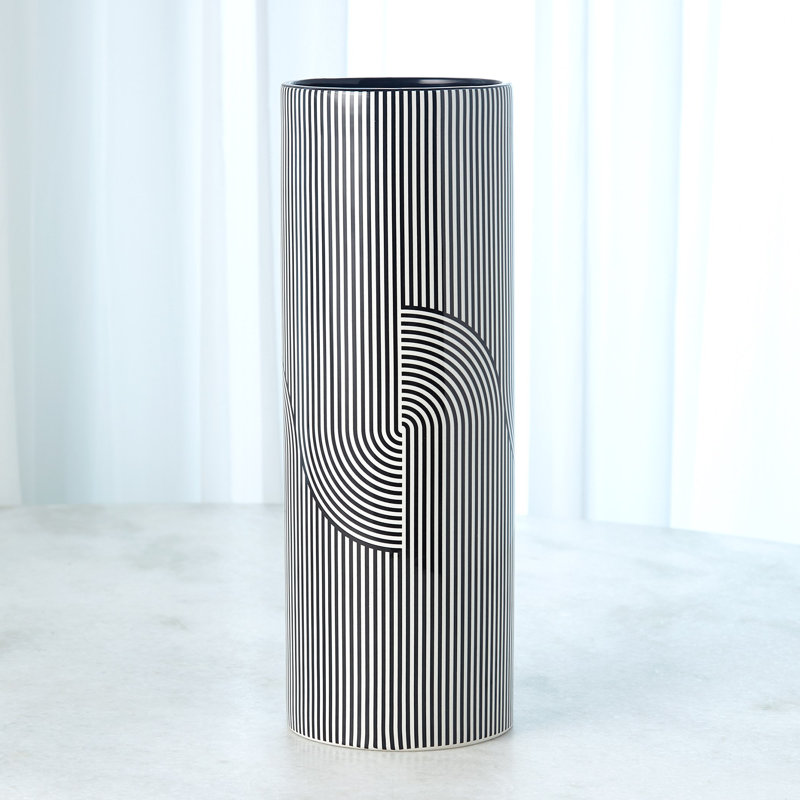 Black and Silver Geometric Porcelain Floor Vase, 16"