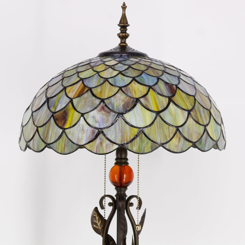 Tiffany-Style Stained Glass Floor Lamp, Antique Bronze Pole With Fish Scale Design - 70" Height, 16" Shade Width