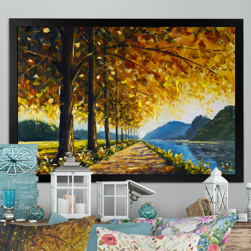 «Sunny Autumn Forest River», reproduction sur toile flottante, H 8 po x l 12 po x P 1 po, Cadre noir