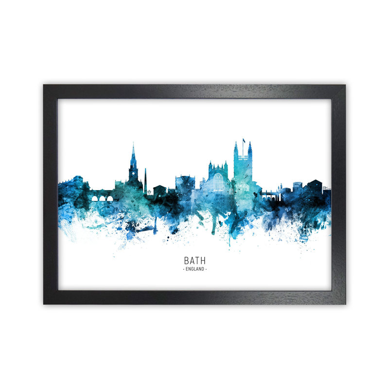 Bath England Skyline Blue City Name by Michael Tompsett - Print, 25cm H x 34cm W x 3cm D, Black Framed