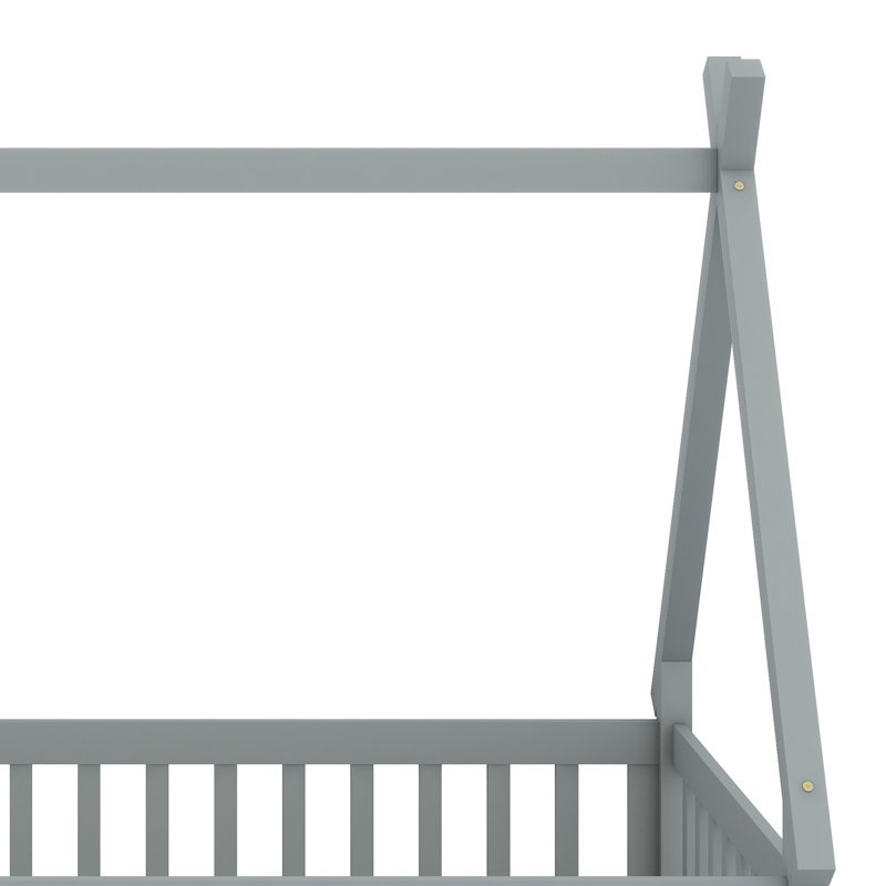 Tent-Style Floor Bed With Safety Guardrails And Built-In Slats, Gray