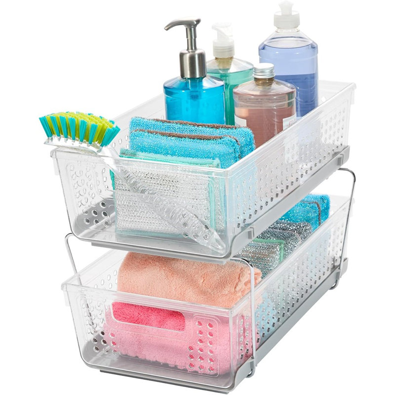 Organisateur de bain sous le lavabo à 2 niveaux - Frost - Tiroirs coulissants avec séparateurs réglables, paniers coulissants pour produits de nettoyage, garde-manger, éponges, bouteilles et articles de cuisine essentiels