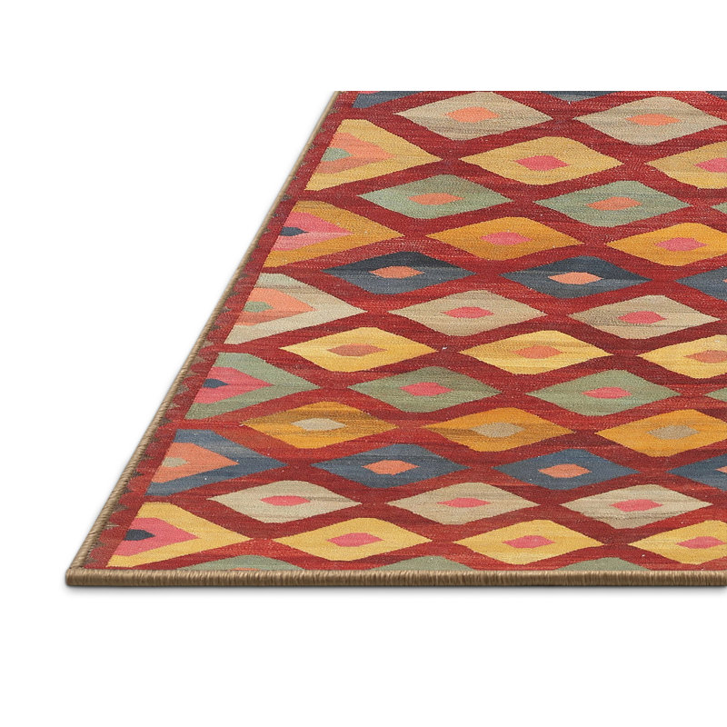 Tapis contemporain orange / bleu / beige, Rectangle 5 pi x 8 pi