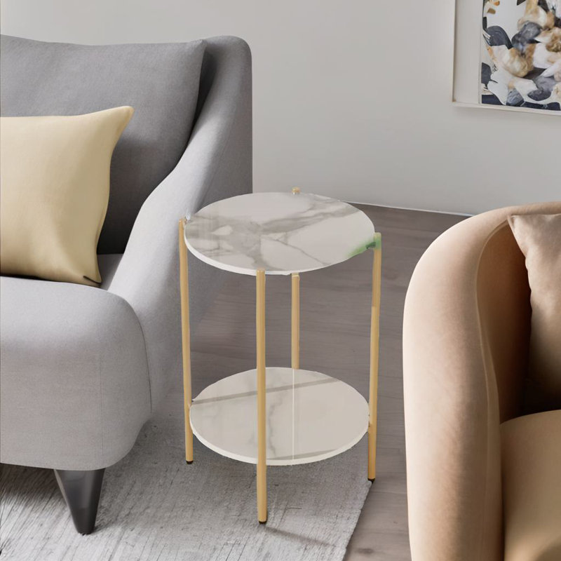 Atay 2 Tier Round Faux Marble Side Table With Metal Legs
