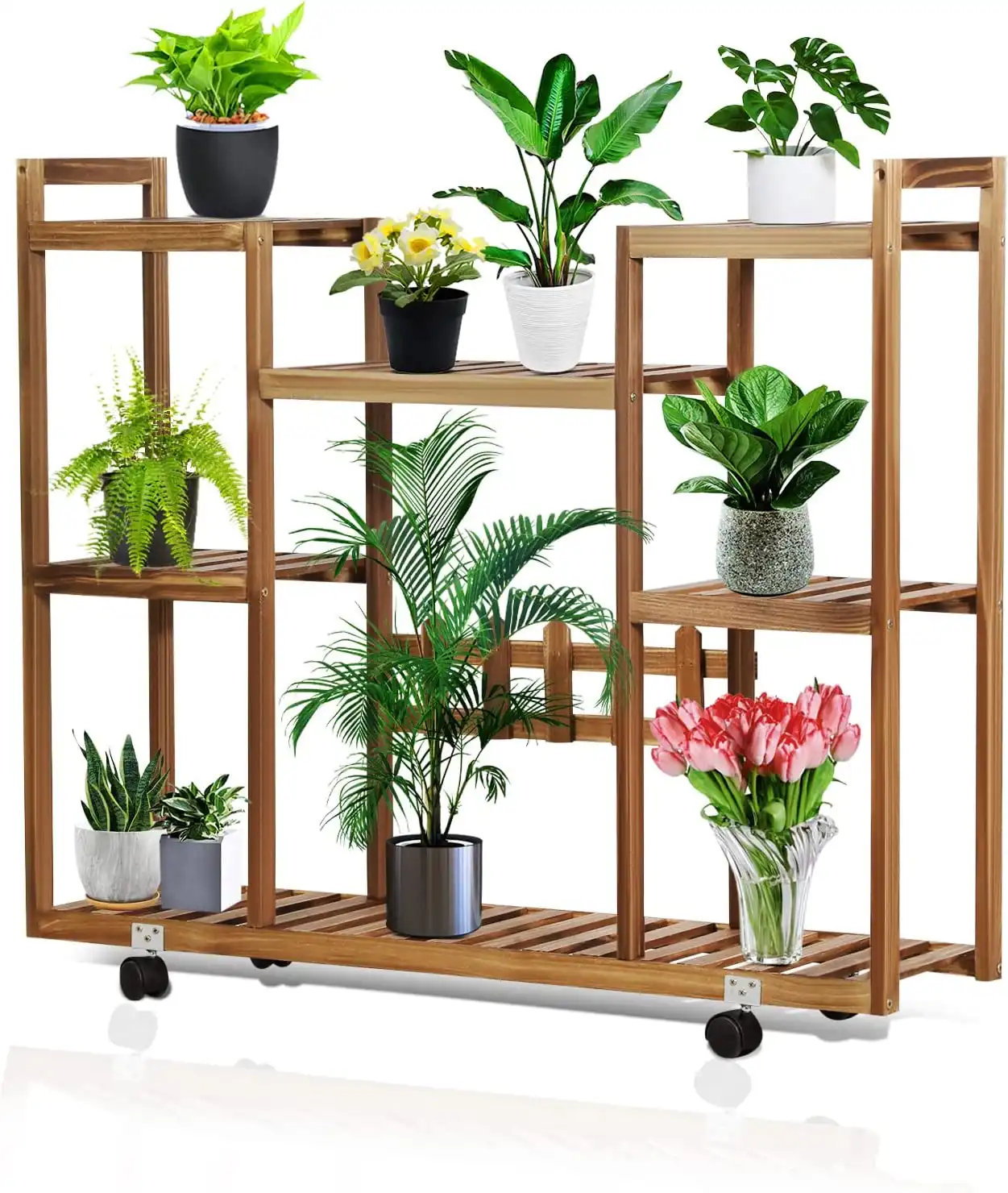 Arlmont & Co. 4 Tier Pine Wood Plant Stand Rack Rolling Plant Flower