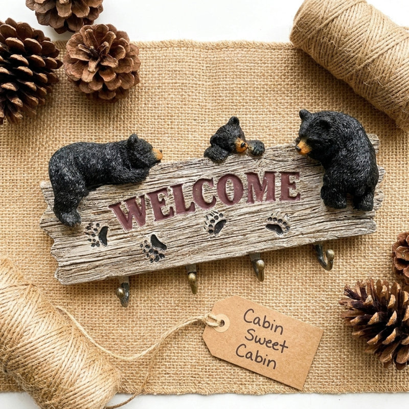 Porte-clés mural en polyrésine ourson noir avec quatre crochets décor bois rustique