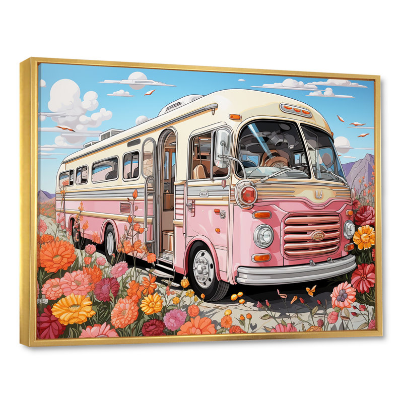 «Pink Camping Van Desert Getaway I», art mural de voyage en camping, Cadre flottant doré, H 30 po x l 40 po x P 1,5 po