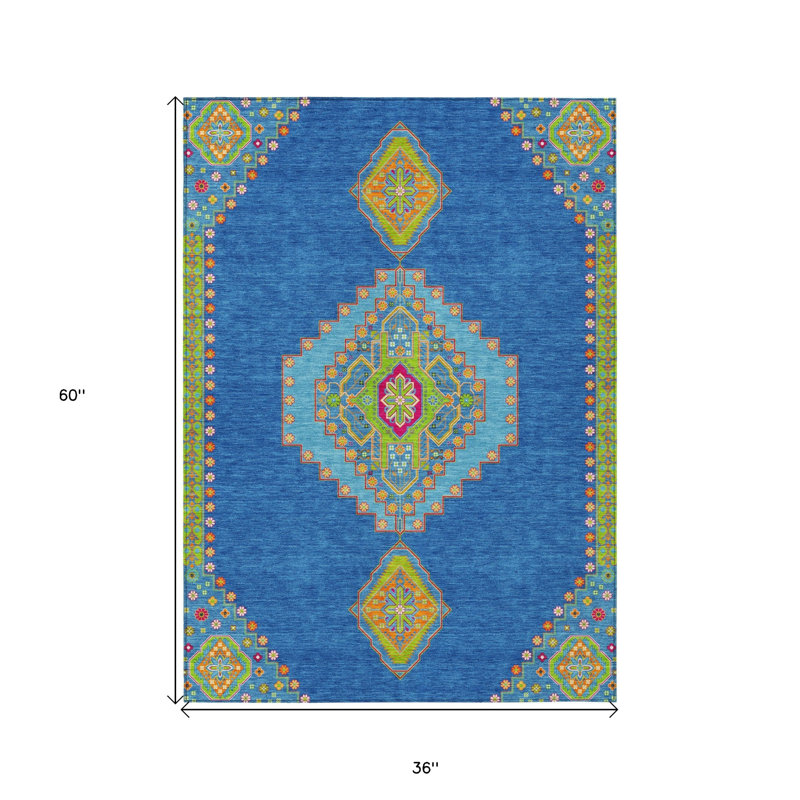 Tapis intérieur lavable bleu oriental 3 pi x 5 pi Denim