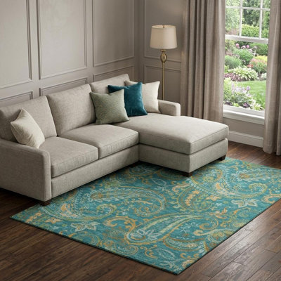 Tapis lavable 8 pi x 10 pi vert sarcelle et doré à motif cachemire avec protection UV