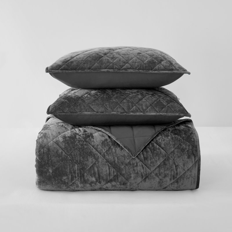 Wonderful Velvet & Flannel Quilt Set, Diamond Quilting Lightweight Comforter with Pillow Shams, Holiday Gift, Carbon Gray