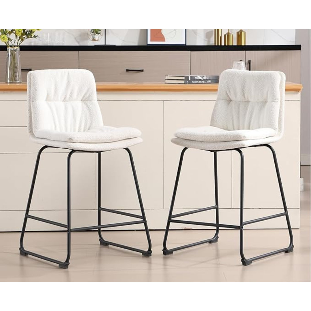 Wahson Bar Stools Set of 2 Faux Fur Soft Padded Counter Chairs with Backrest for Kitchen Home Bar Restaurant, White