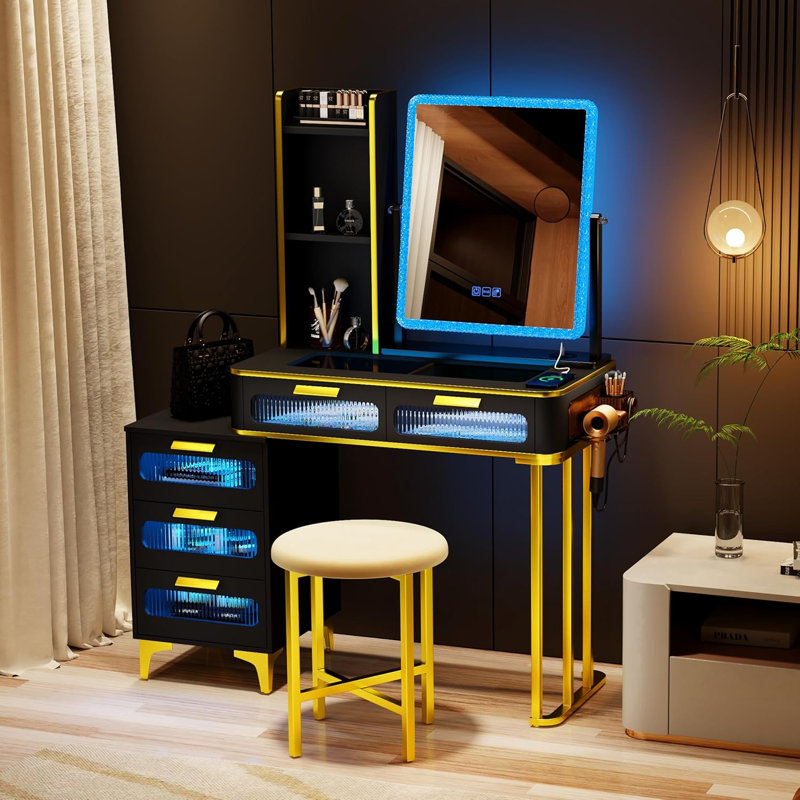 Dressing Table with Human Sensor RGB Lights, Tempered Glass Top, and Quick-Charging Station, Black/Gold