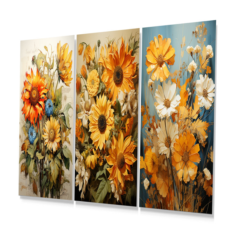 Vintagea Sunshine Sunflowers - ensemble de 3 impressions de tournesols en métal, H 28 po x l 36 po