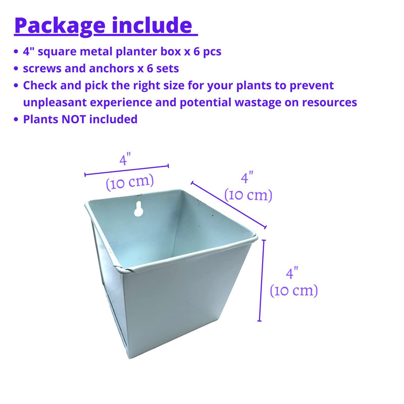 Ensemble de 6 pots de fleurs muraux carrés en métal de 4 pouces pour plantes d'intérieur, petits pots de fleurs muraux blancs décoratifs de jardin