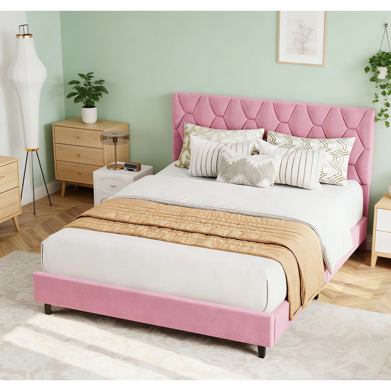 Structure de lit plateforme tapissier, Lit simple, Rose