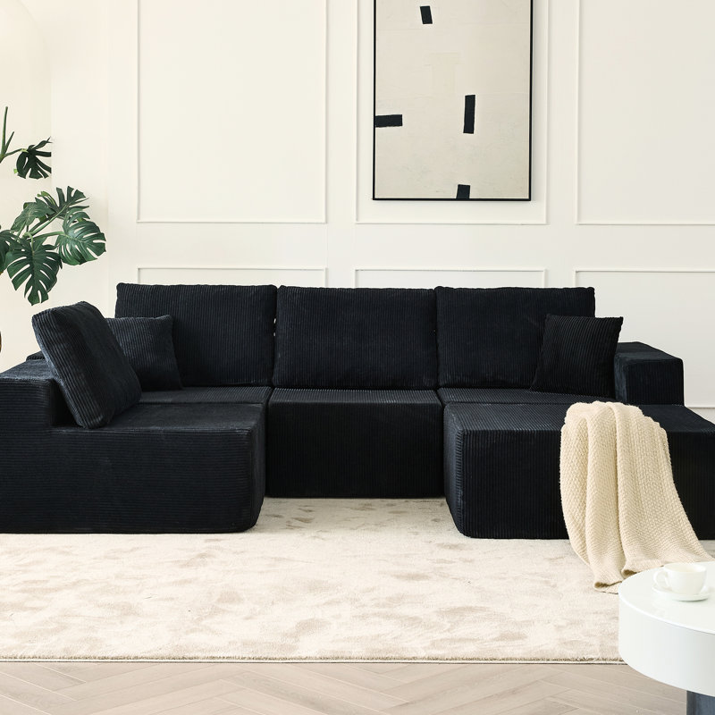 Canapé modulaire en velours côtelé de luxe de 139,3 po à 4 places avec canapé en L et coussins, sans installation pour le salon Tea Time