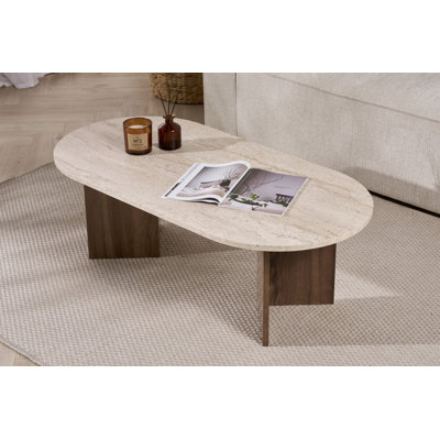 Modern Coffee Table, Travertine & Walnut, 120 x 40 x 60 cm, 100% Melamine Coated Particle Board, Thickness: 0 cm, Design for Living Room, Durable & Addition to Your Home