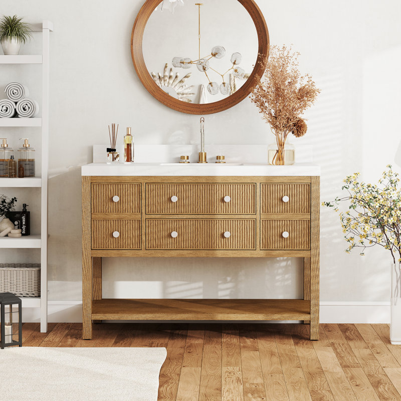 Ensemble de meuble-lavabo simple 48 po avec comptoir en pierre massif 48 po, Bois brut