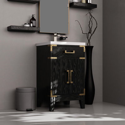 Meuble-lavabo simple en chêne noir 20 po Large, 17,9 de profondeur, 34,54 de hauteur, avec comptoir en acrylique, 18 miroirs, robinet, comptoir poli à la main et scellé, matériau de remplissage en bois, matériau principal en bois, poids de l 88,53 lb x P,