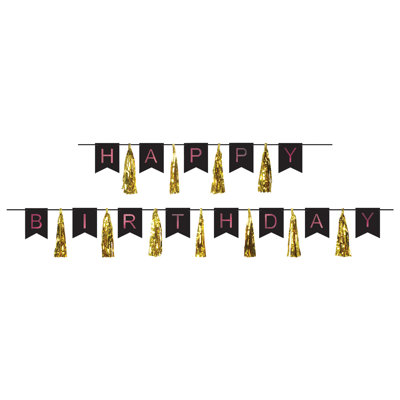 Beistle Guirlande à pompons « Joyeux anniversaire » – Bannière en carton noir, rose, blanc et or, décoration suspendue en 2 pièces pour fêtes d'anniversaire et décorations festives
