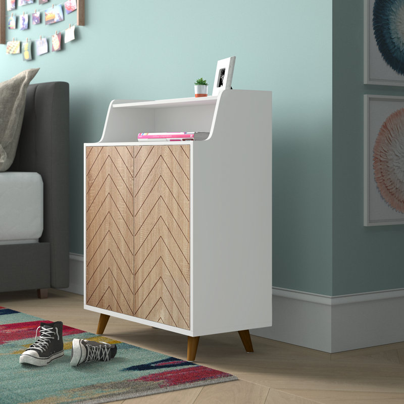 Lenard 5-Tier Wood Shoe Storage Cabinet with Adjustable Shelves , White/Wood